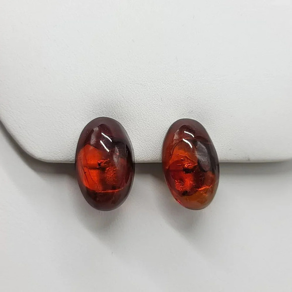 Faux Amber Acrylic Cabochon Oval Clip Earrings Vintage - Picture 1 of 4